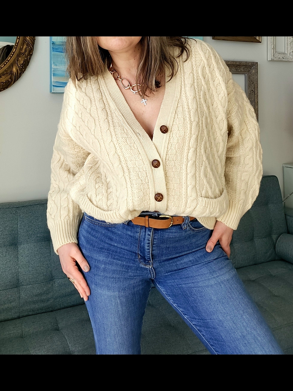 Vintage Aran Crafts Cream Wool Cable-Knit Button Cardigan